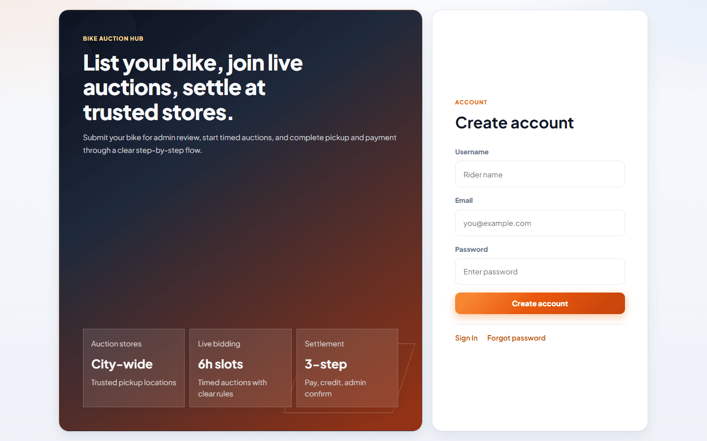 Bike Auction Hub landing page — online auction platform for motorcycles and more – screenshot 2 of 10