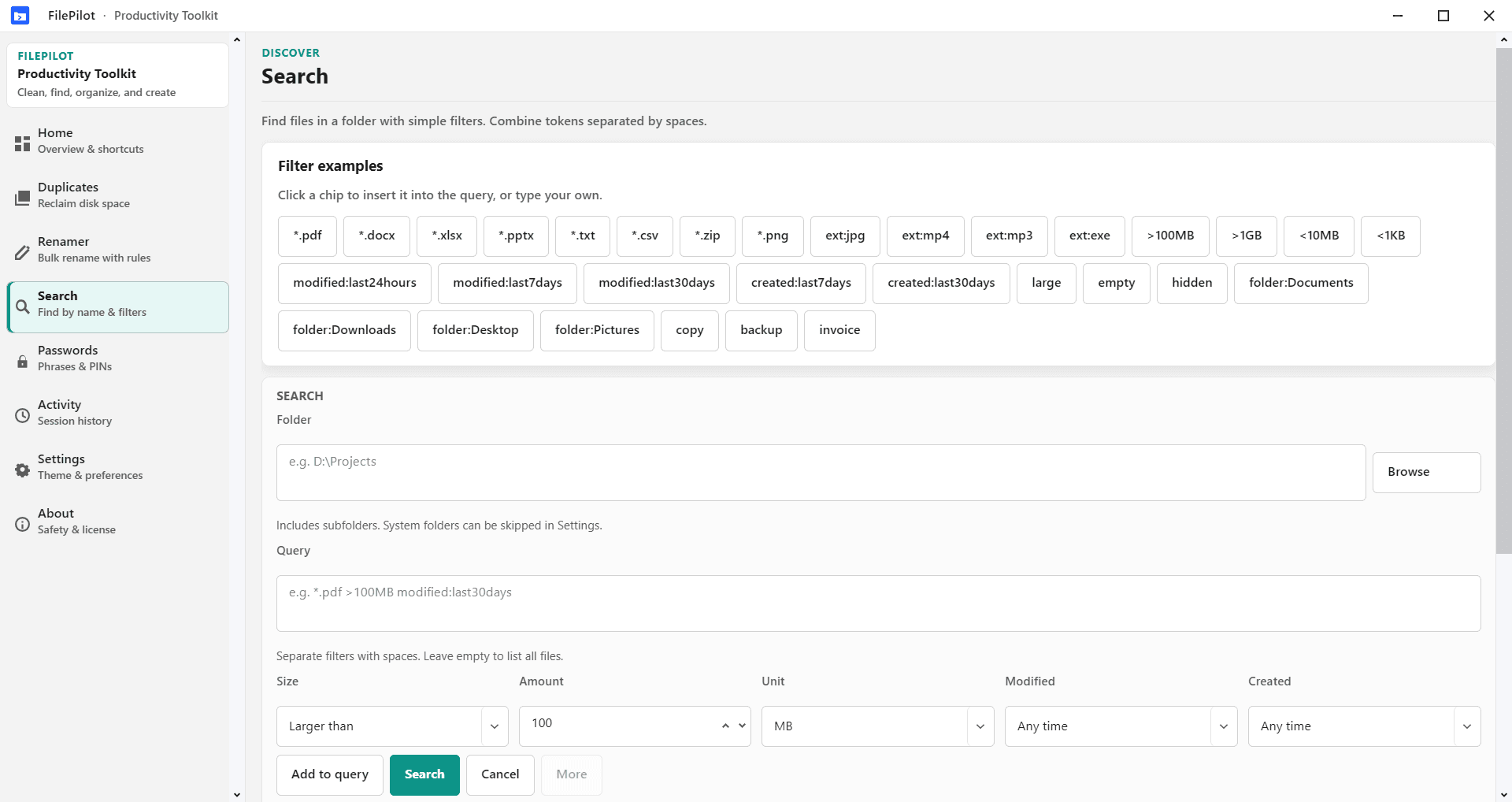FilePilot MoeezTech search with filters