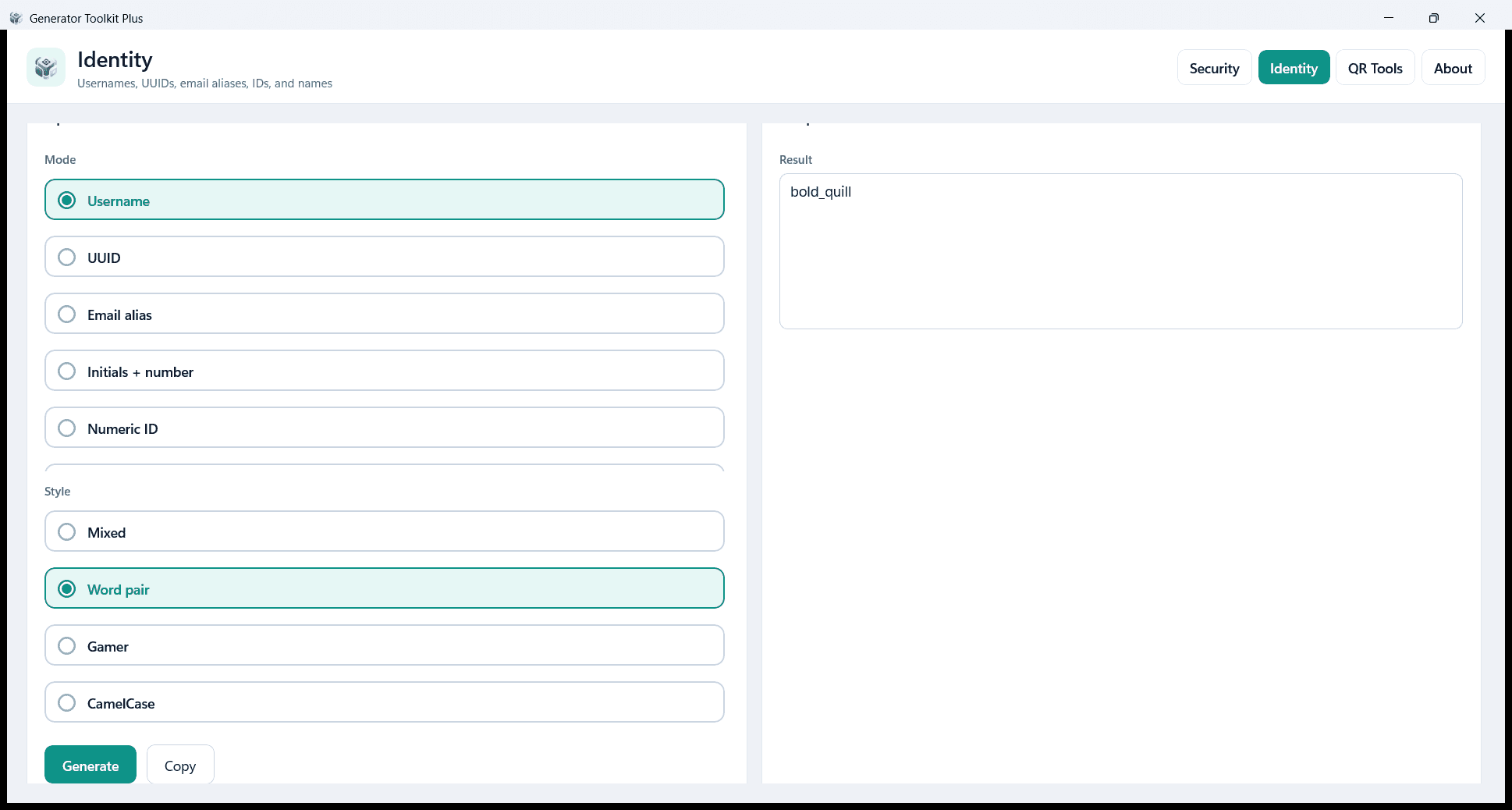 Generator Toolkit Plus Identity tab with a generated username