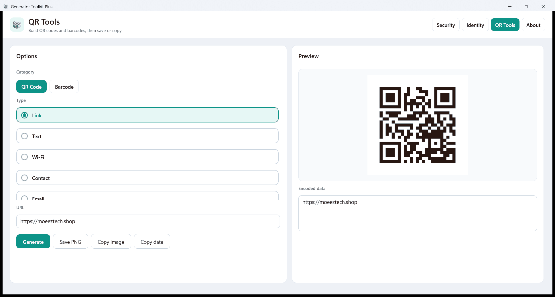 Generator Toolkit Plus QR Tools tab with a generated QR code
