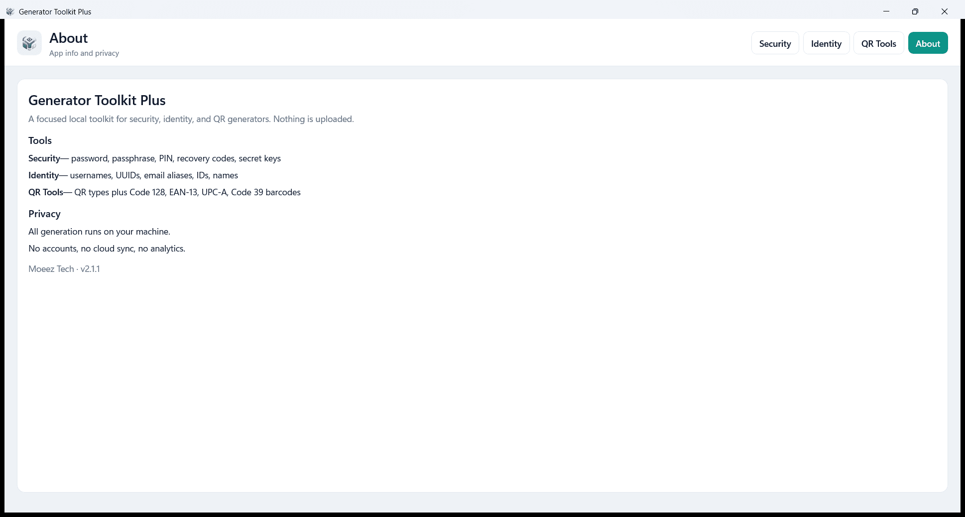 Generator Toolkit Plus About tab with tools and local privacy