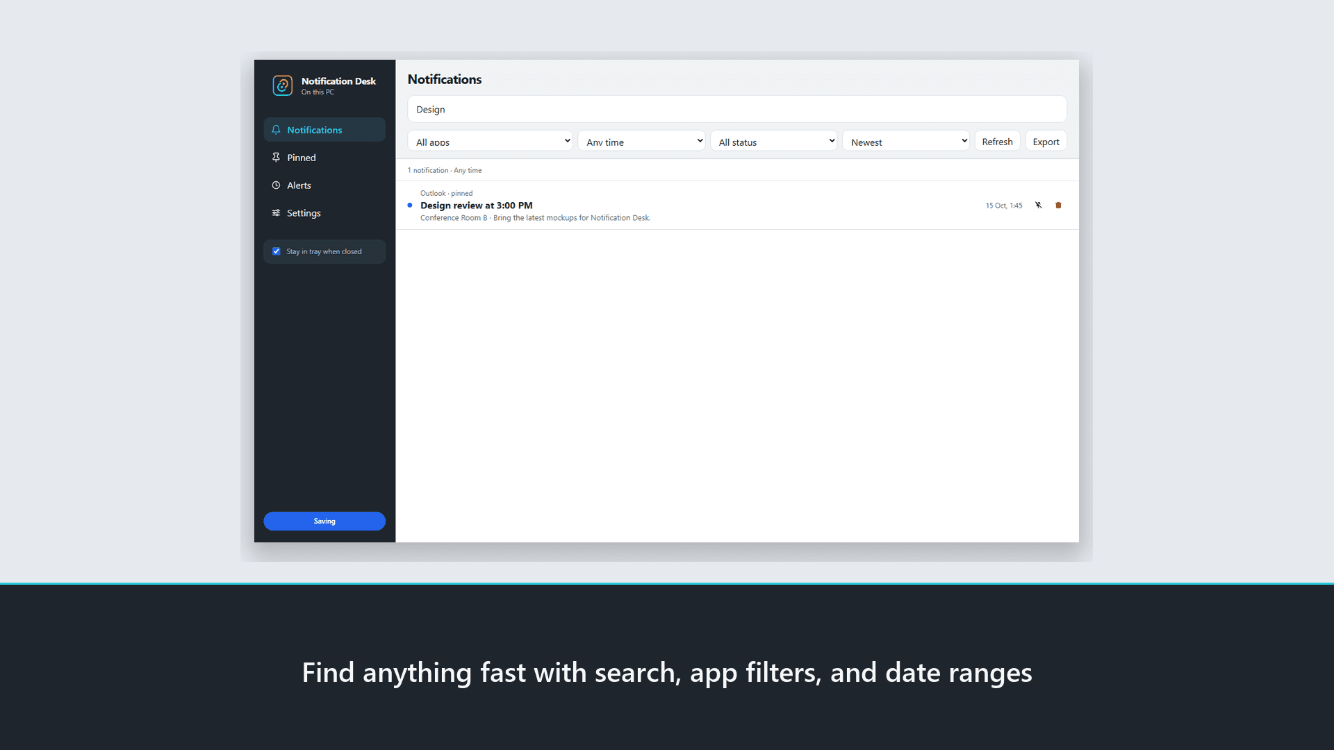 Notification Desk search and filter controls