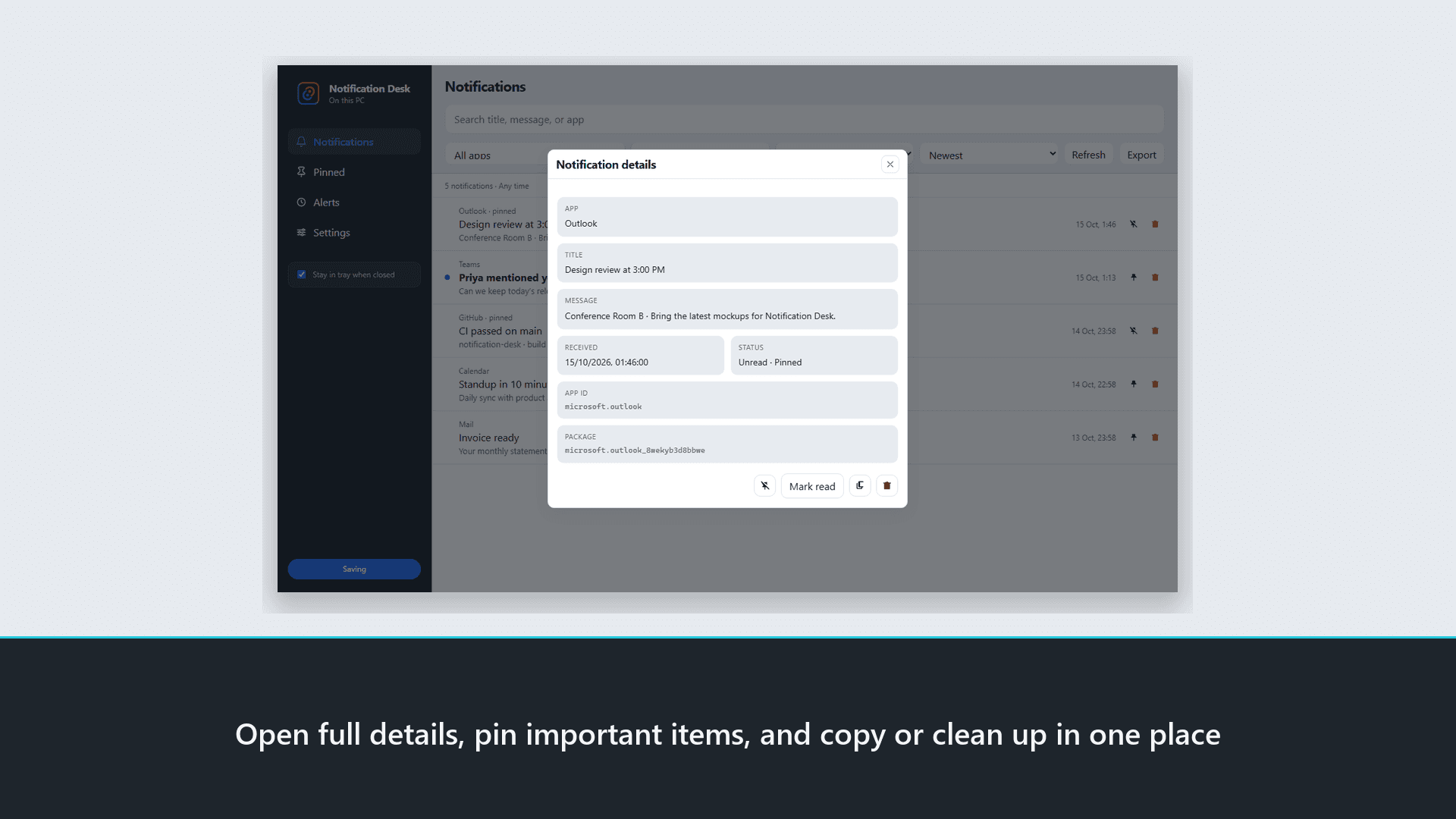Notification Desk detail view for a single notification