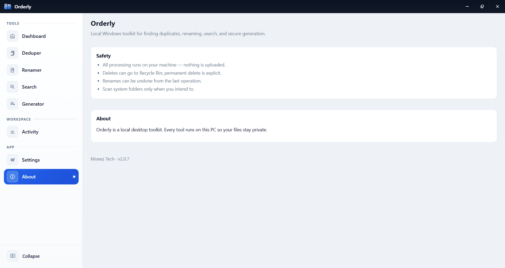 Orderly settings and workspace