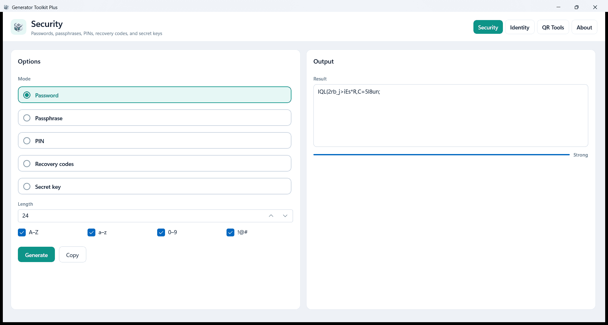 Generator Toolkit Plus Security tab with a generated password