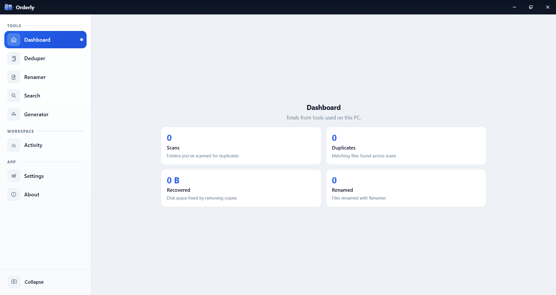 Orderly Windows app — local file toolkit for duplicates, rename, and search