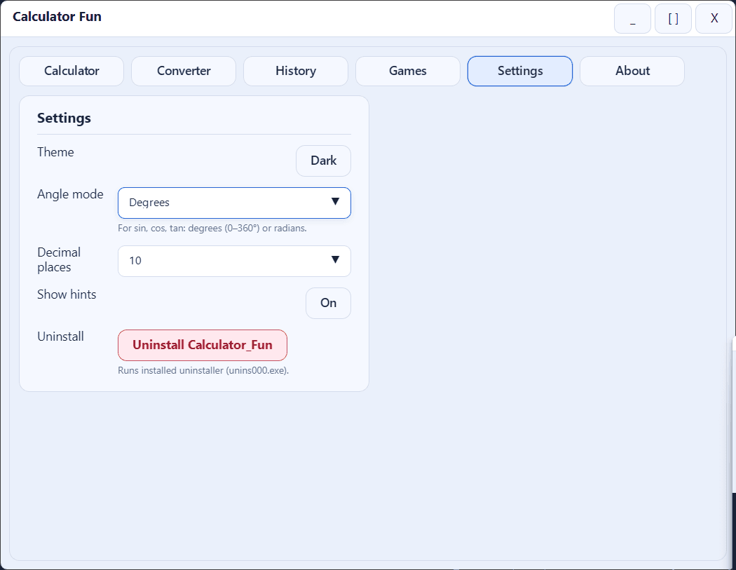 Calculator Fun Windows app screenshot showing scientific calculator, unit converter, and mini games — extra screenshot 4